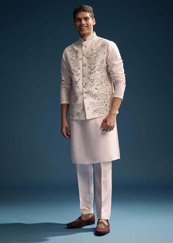 Pink Silk Kurta Jacket Set For Men With Heavy Embroidery