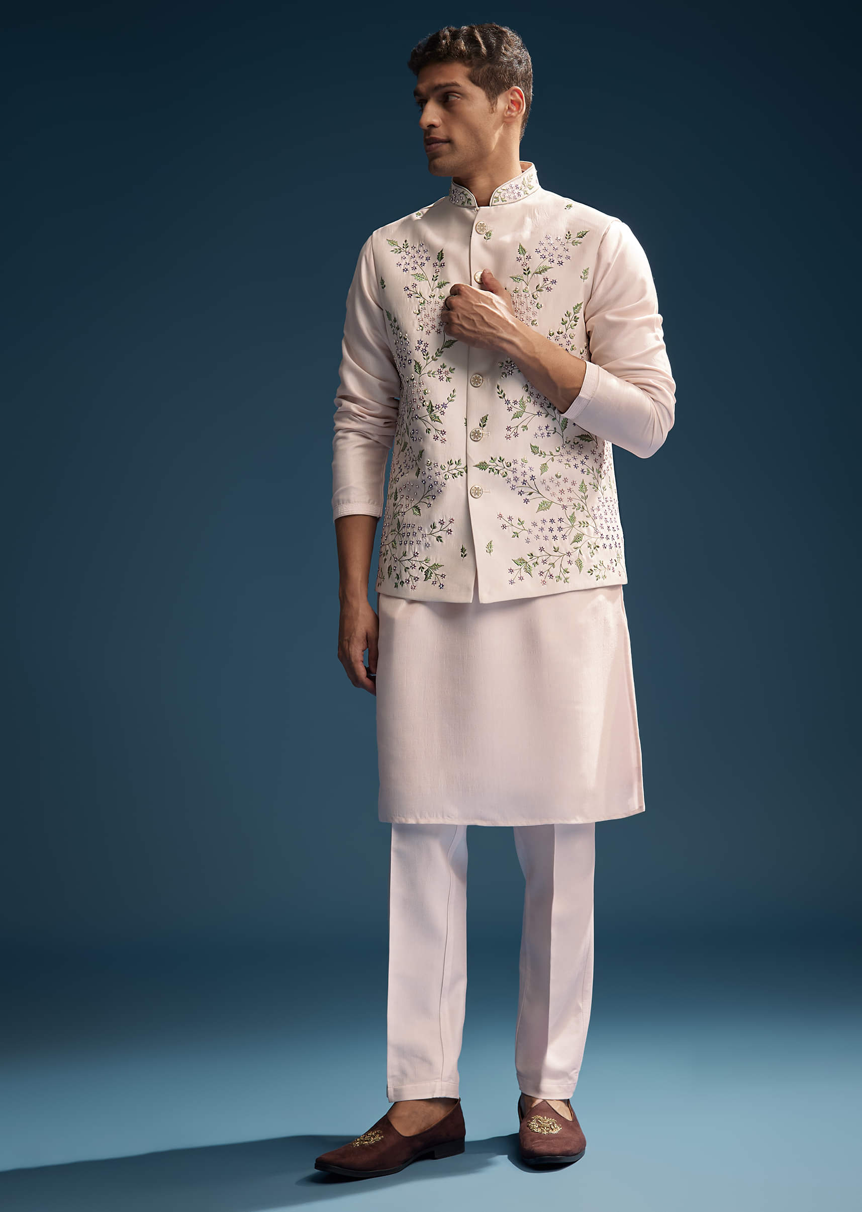 Pink Silk Kurta Jacket Set For Men With Heavy Embroidery