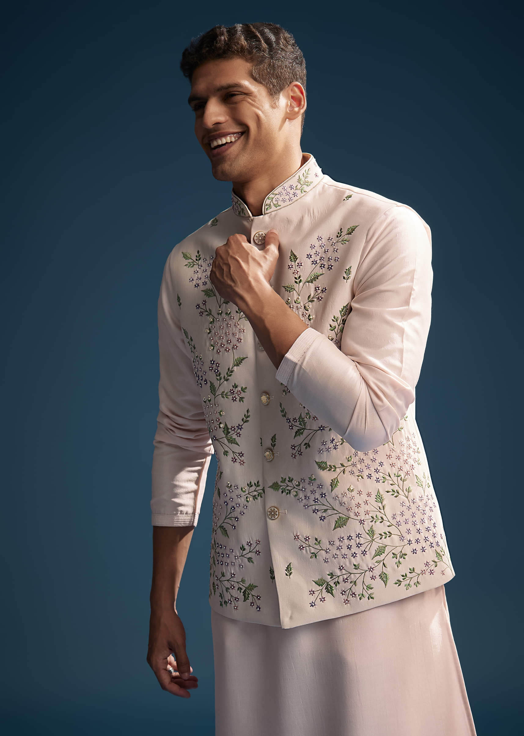 Pink Silk Kurta Jacket Set For Men With Heavy Embroidery