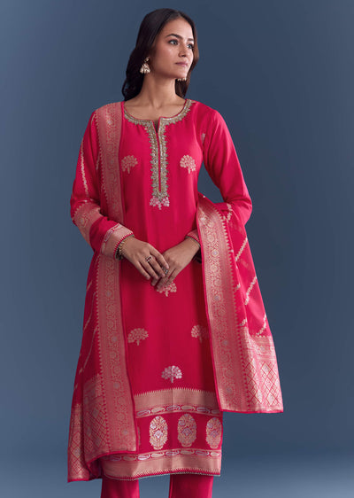 Banarasi Woven Pink Silk Kurta Set