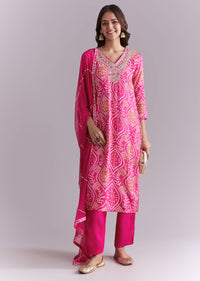 Pink Silk Kurta Set With Bandhani Print And Embroidery