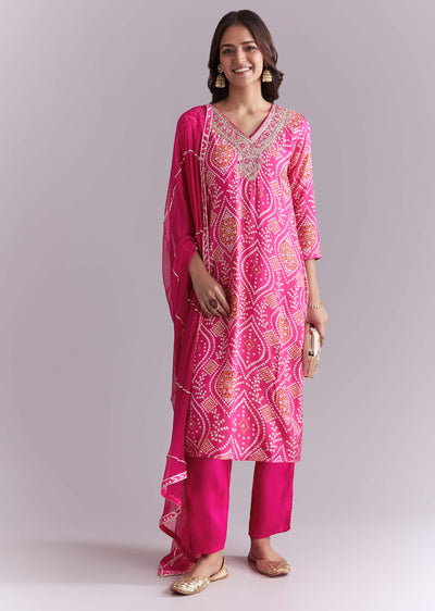 Pink Silk Kurta Set With Bandhani Print And Embroidery