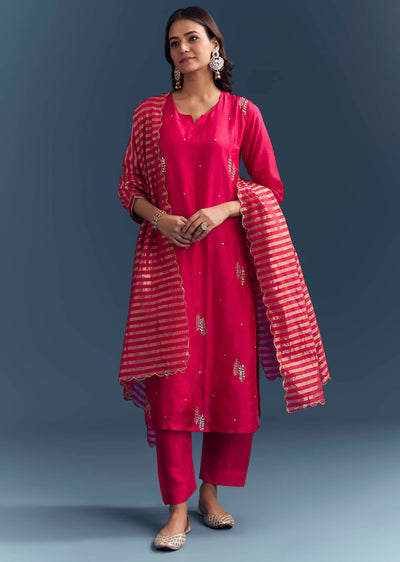 Pink Silk Kurta Set With Zari And Gota Work