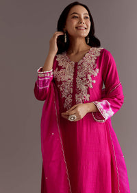 Pink Silk Moti Embroidered Kurta Set With Organza Dupatta
