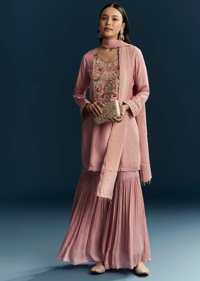 Pink Silk Sharara Suit With Embroidery