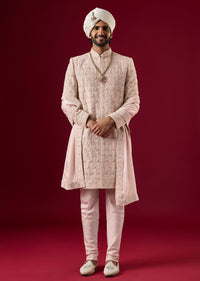Pink Silk Sherwani Set With Zardosi Work