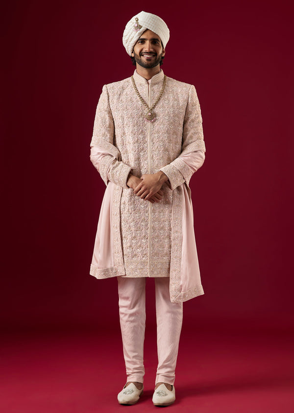 Pink Silk Sherwani Set With Zardosi Work