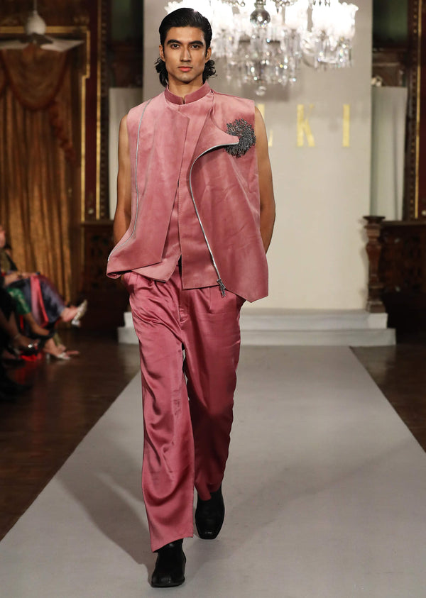 Pink Suede Indo Western Suit For Men With Pearl Detailing