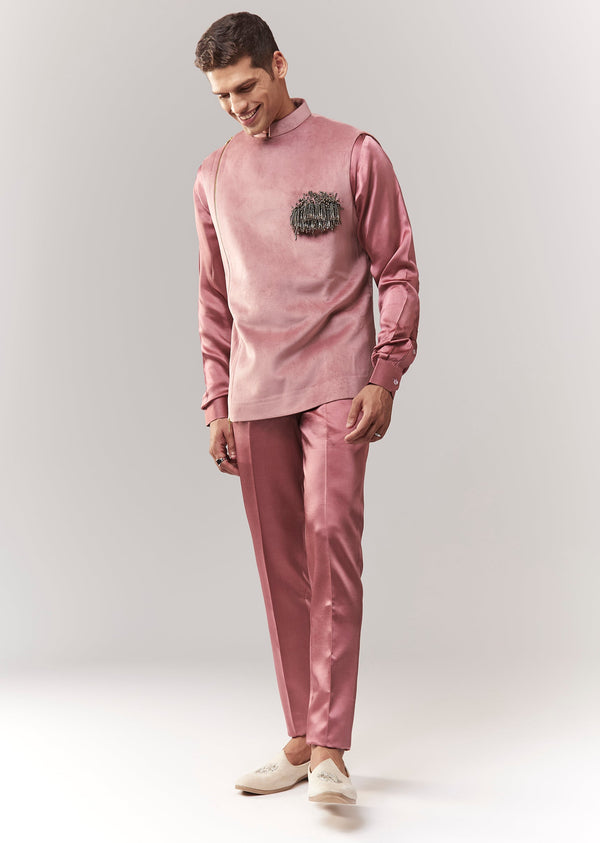 Pink Suede Patch Pocket Bandi Set With Tassels Stones And Beads