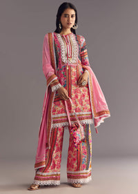 Pink Tabby Silk Floral Print Kurta Palazzo Set With Potli Bag