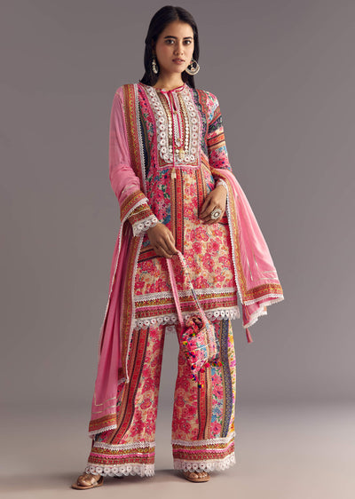 Pink Tabby Silk Floral Print Kurta Palazzo Set With Potli Bag