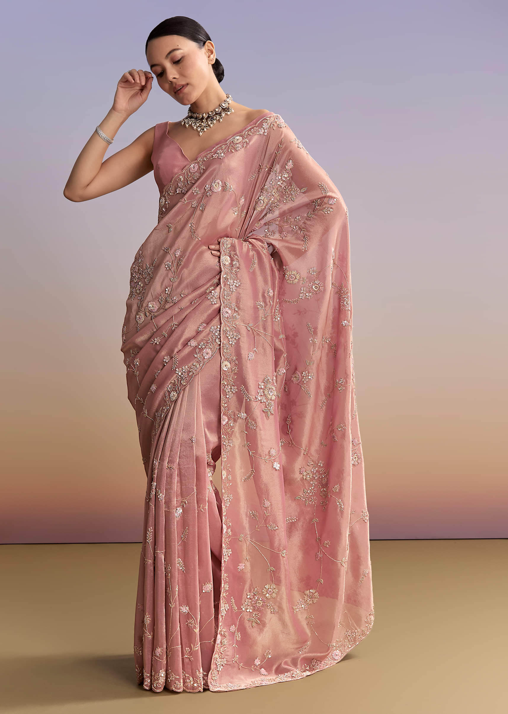 Pink Tissue Embroidered Saree With Cutdana And Jaal Work