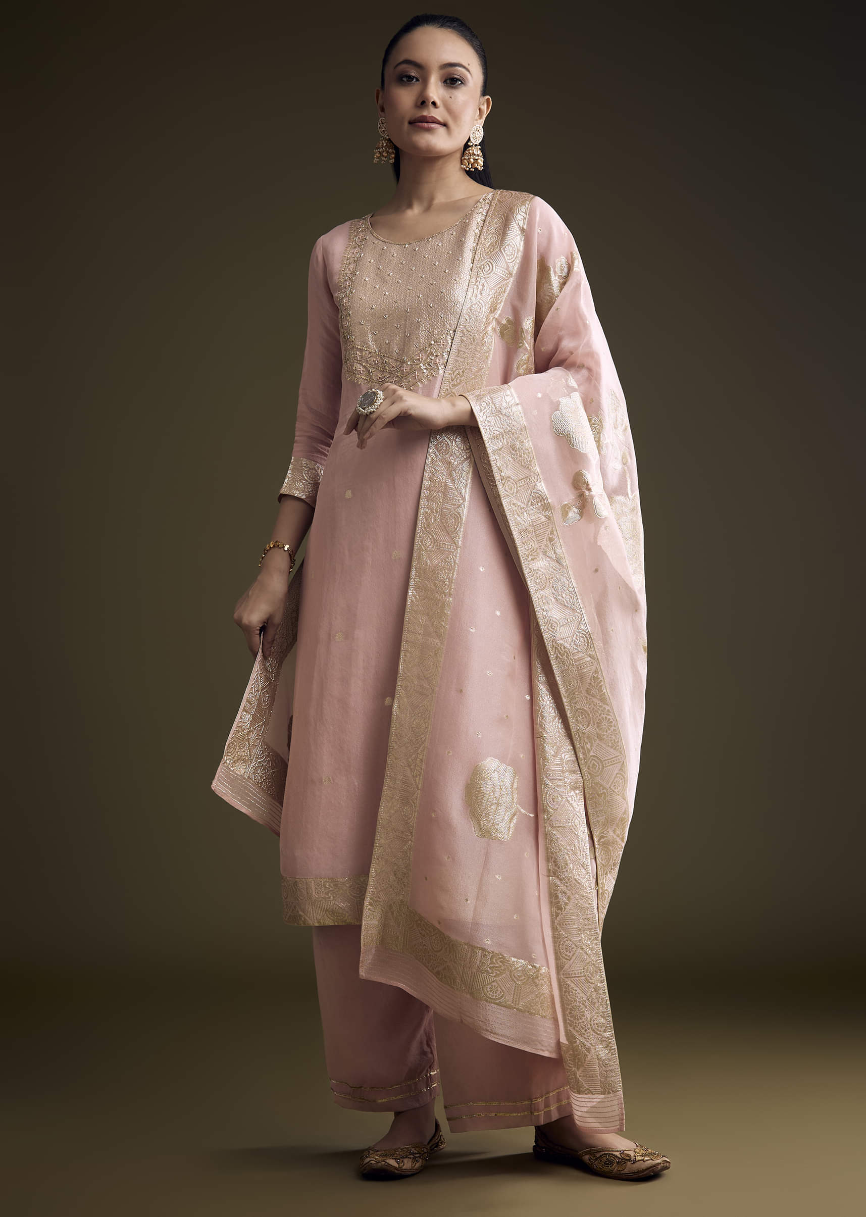Pink Tissue Kurta Set With Zardosi Work And Banarasi Weave