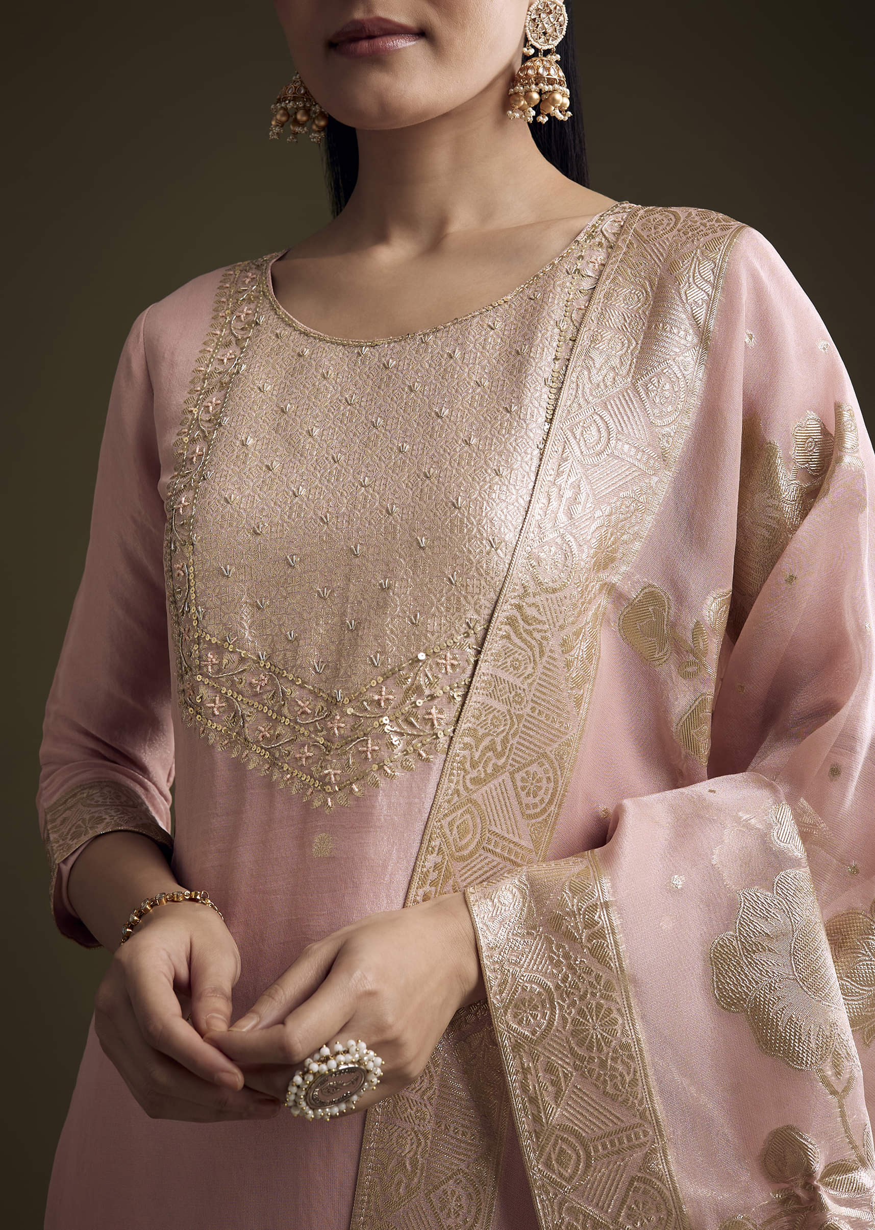 Pink Tissue Kurta Set With Zardosi Work And Banarasi Weave