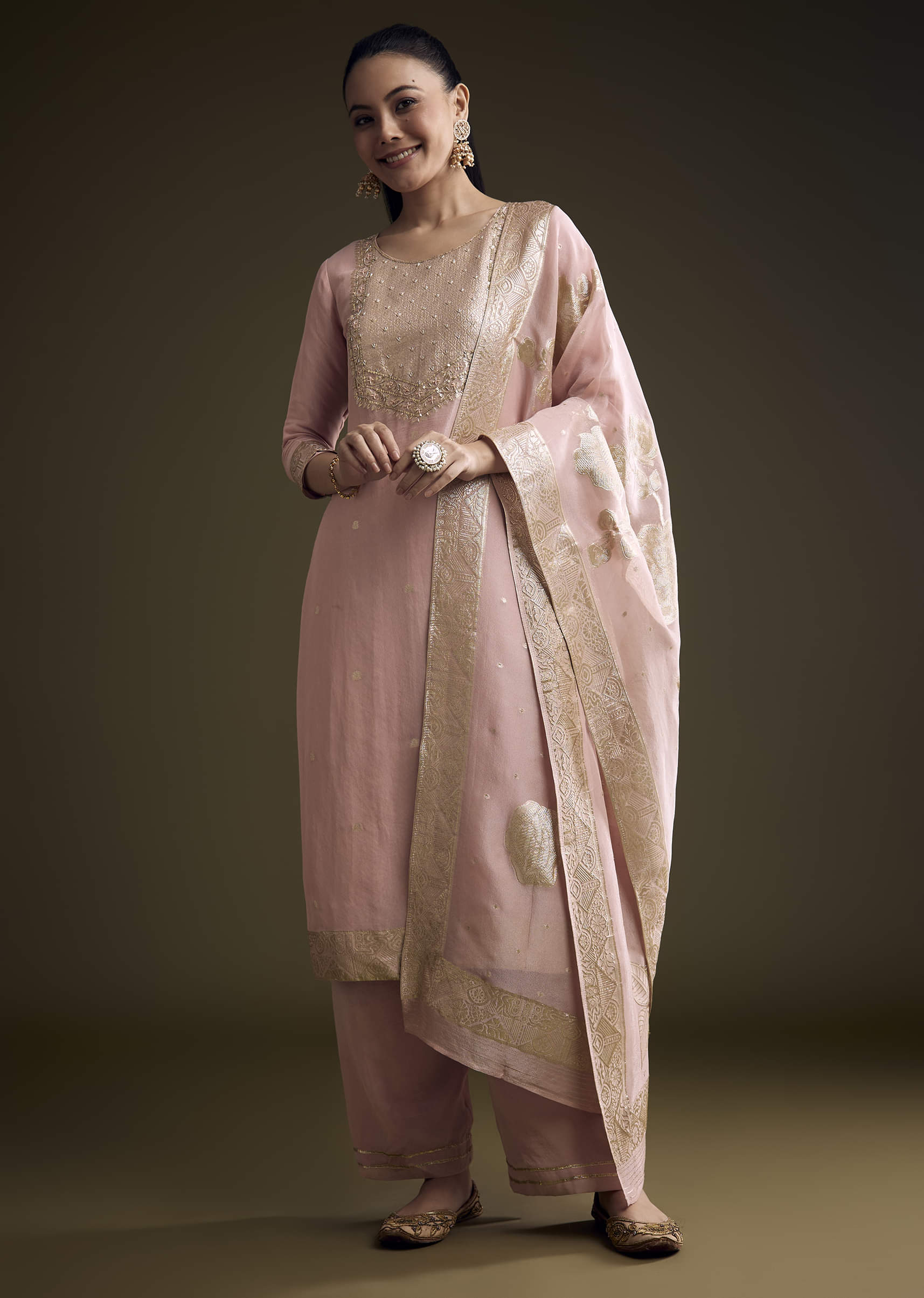 Pink Tissue Kurta Set With Zardosi Work And Banarasi Weave
