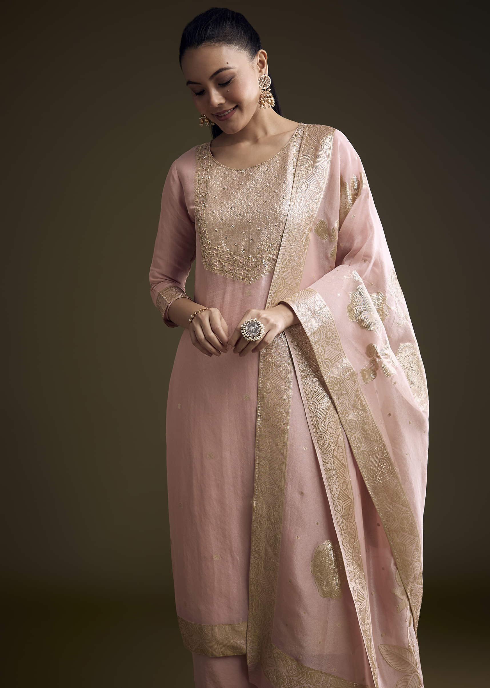 Pink Tissue Kurta Set With Zardosi Work And Banarasi Weave