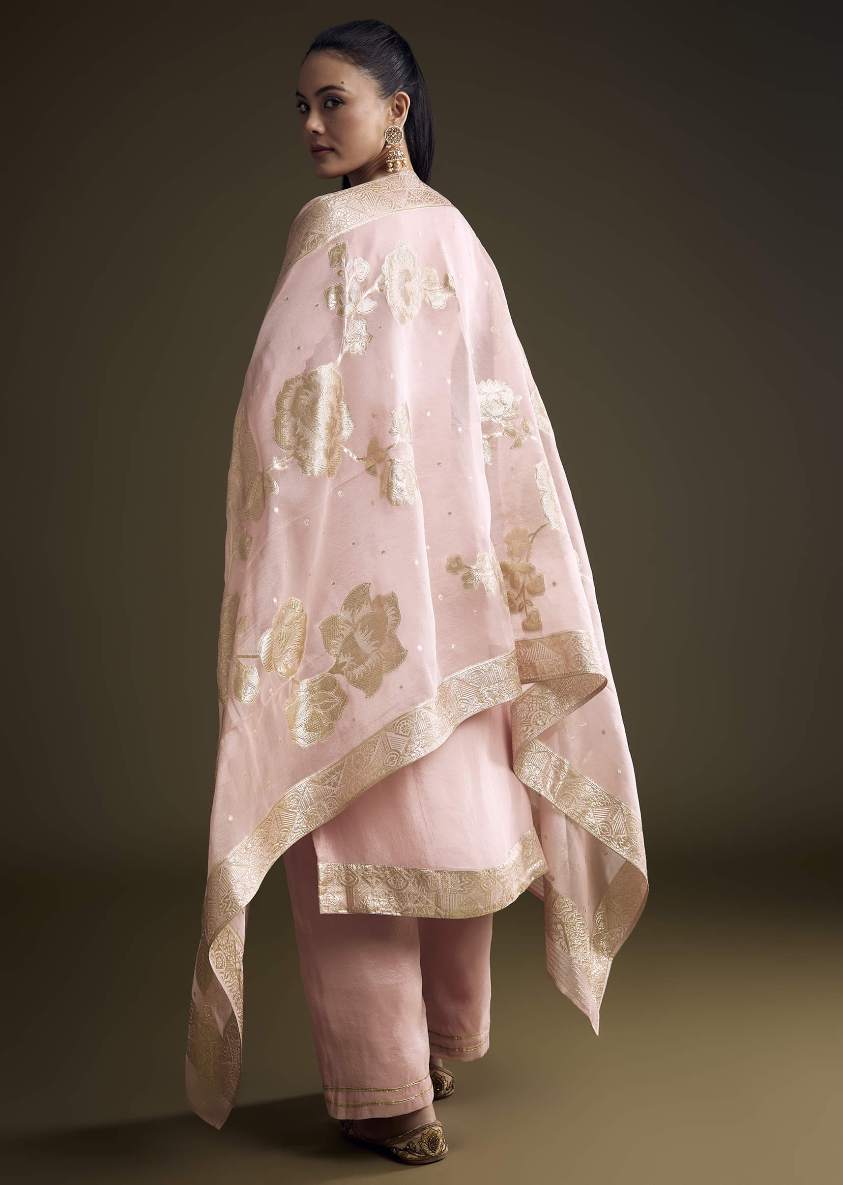 Pink Tissue Kurta Set With Zardosi Work And Banarasi Weave