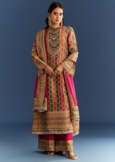 Pink Tissue Kurta With Organza Palazzo And Dupatta