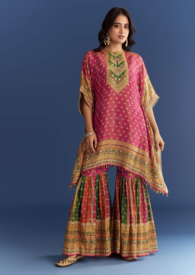 Pink Tissue Mirror Stone Embroidered Kurta With Printed Sharara