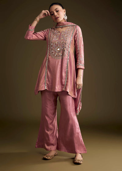Pink Tissue Palazzo Suit With Mirror And Zari Embroidery
