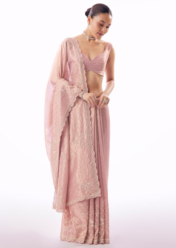 Pink Tissue Saree With Scallop Border And Floral Cutdana Embroidery