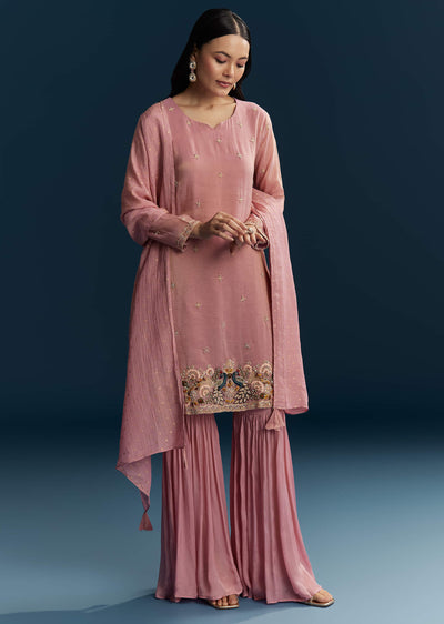 Pink Tissue Sharara Suit With Zardosi And Thread Work