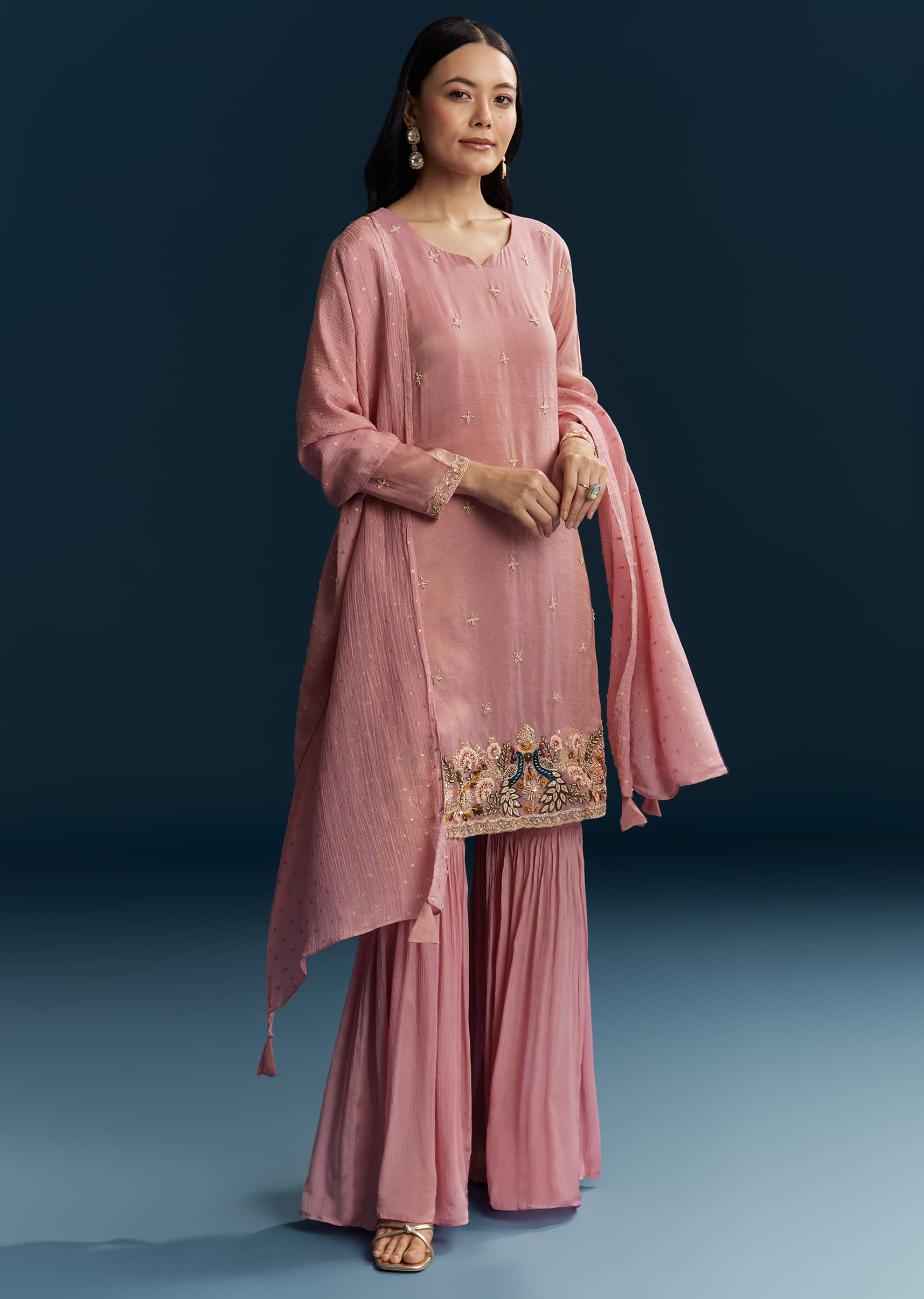 Pink Tissue Sharara Suit With Zardosi And Thread Work