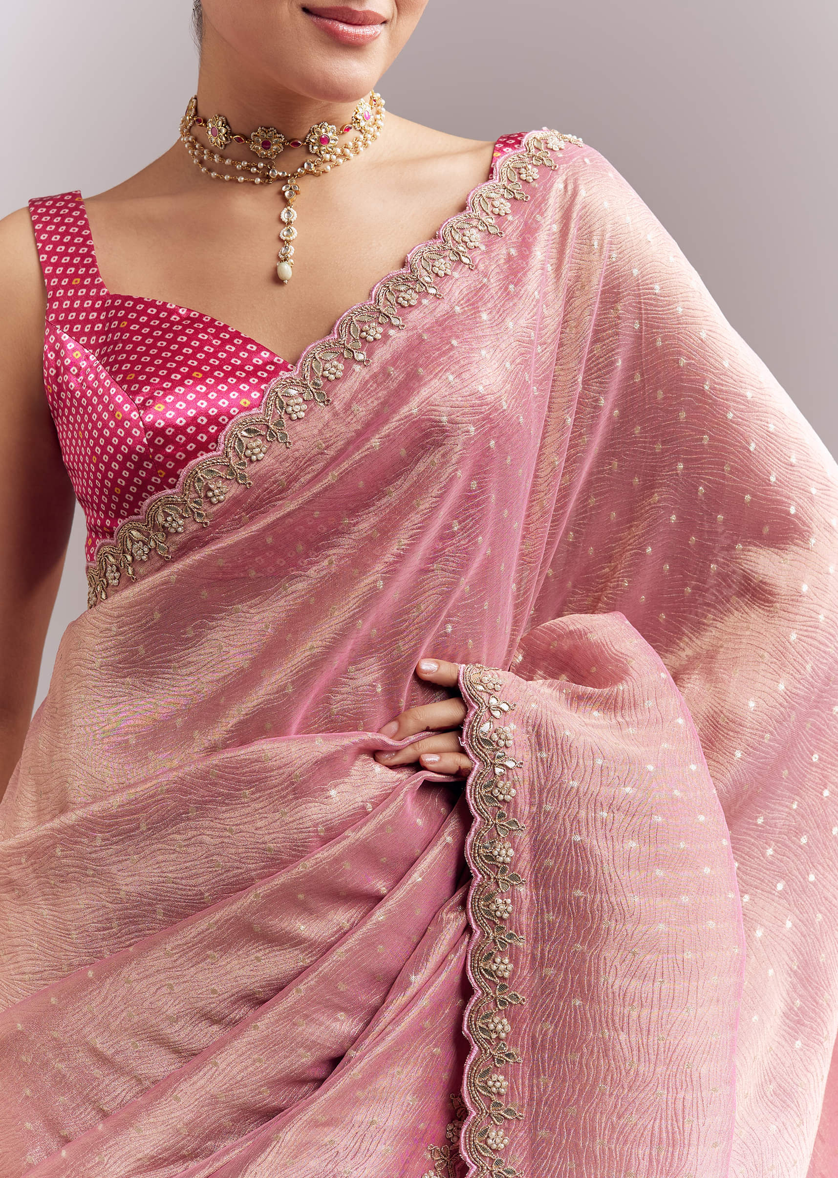 Pink Tissue Silk Saree With Delicate Hand Embroidery