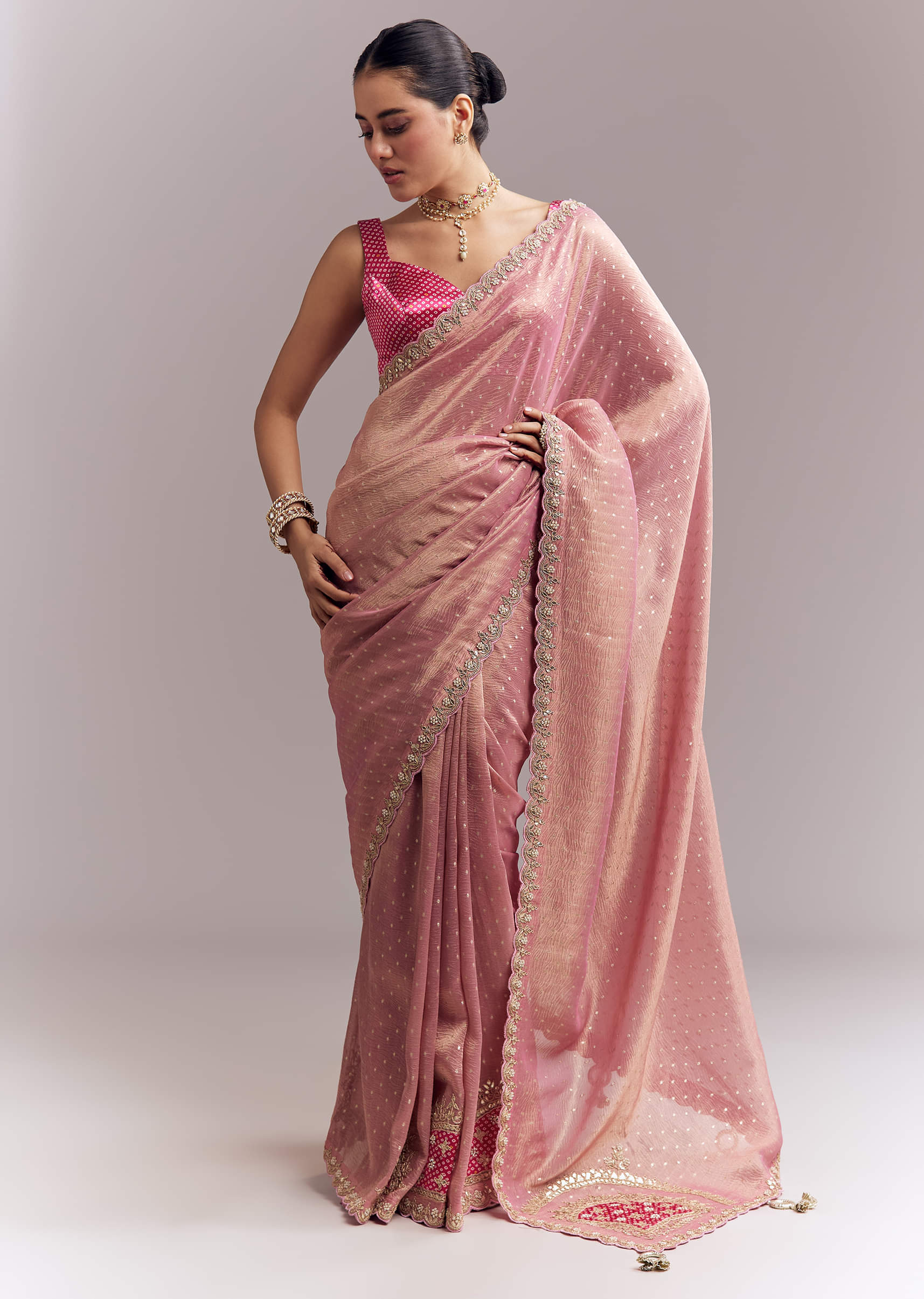 Pink Tissue Silk Saree With Delicate Hand Embroidery
