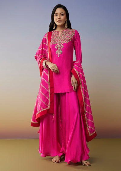 Pink Viscose Satin Palazzo Suit with Zardosi Work