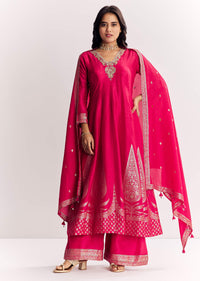 Pink Weave Silk Anarkali Suit With Dupatta