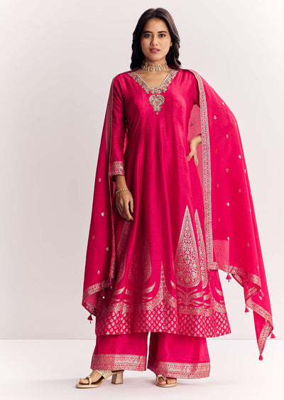 Pink Weave Silk Anarkali Suit With Dupatta