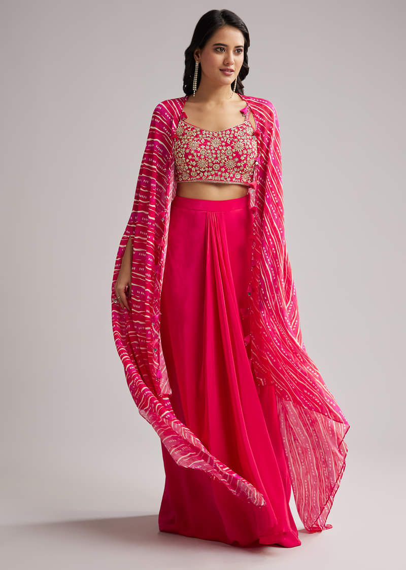 Pink Zardosi Cape Set With Crop Top And Skirt