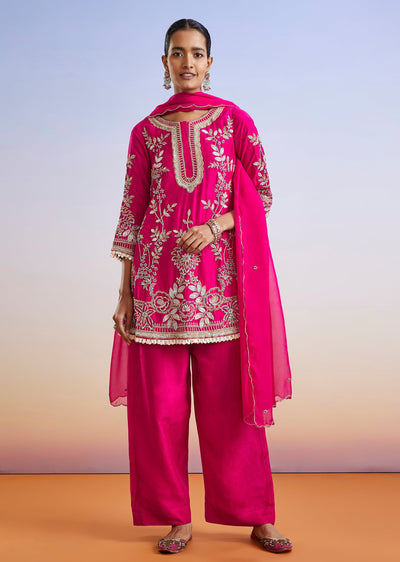 Pink Zardosi Embroidered Silk Palazzo Suit With Dupatta