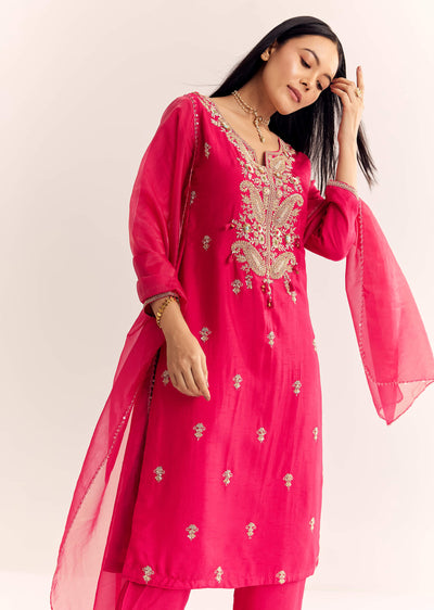 Pink Zardosi Work Dola Silk Kurta Pant With Organza Dupatta