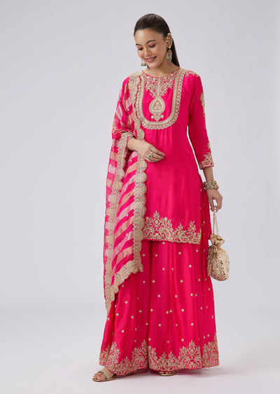 Pink Zari And Moti Embroidered Kurta With Palazzo