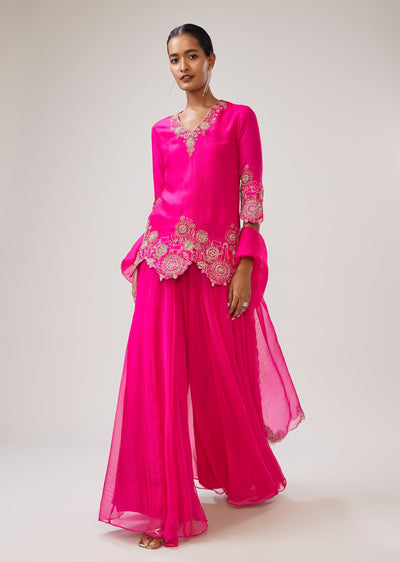 Pink Zari Sequin Resham Palazzo Suit With Dupatta