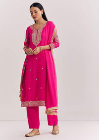 Pink Zari Work Kurta Set With Chiffon Dupatta
