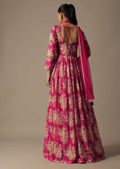 Pink Anarkali Set In Organza With Mirror Work