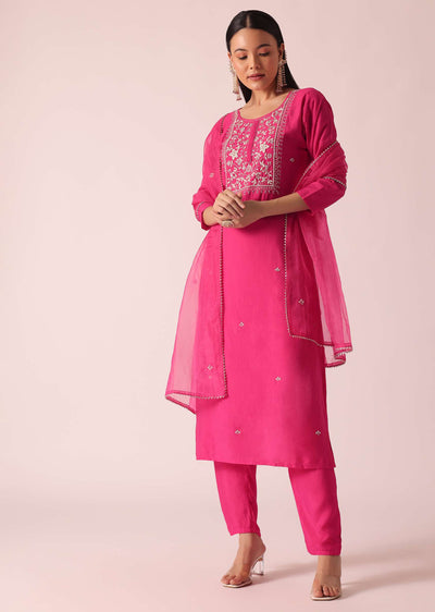Pink Chanderi Embroidered Kurta Set