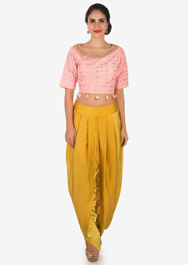 Pink crop top and yellow dhoti suit in moti sequin work only on Kalki