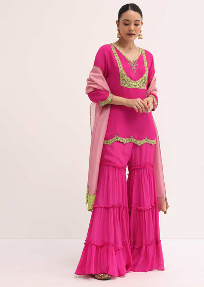 Pink Embroidered Chiffon Kurta Sharara Set