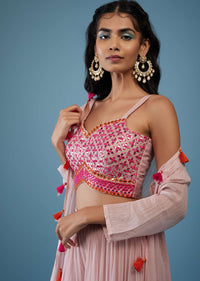 Onion Pink Embroidered Mirror Crop Top And Palazzo Set In Georgette