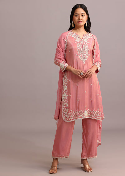 Pink Embroidered Kurti Set With Butti Work On Organza Dupatta