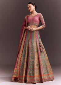 Pink Embroidered Lehenga Set With Net dupatta