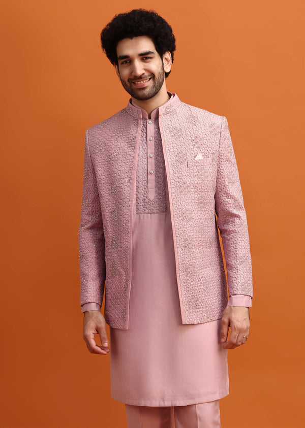 Pink Embroidered Silk Jodhpuri Set For Men