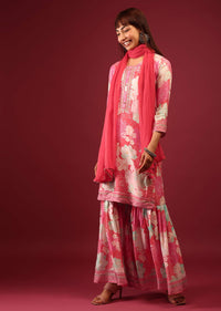 Pink Floral Print Sharara Suit With Flowy Sharara Palazzo In Thread Embroidery