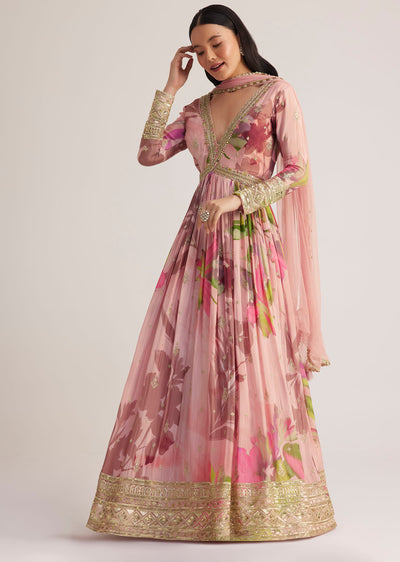 Pink Floral Printed Anarkali With Embroidered Dupatta