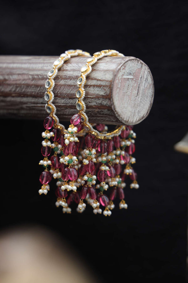 Pink Kundan And Pearl Bangles In Gold-Plated Silver Alloy