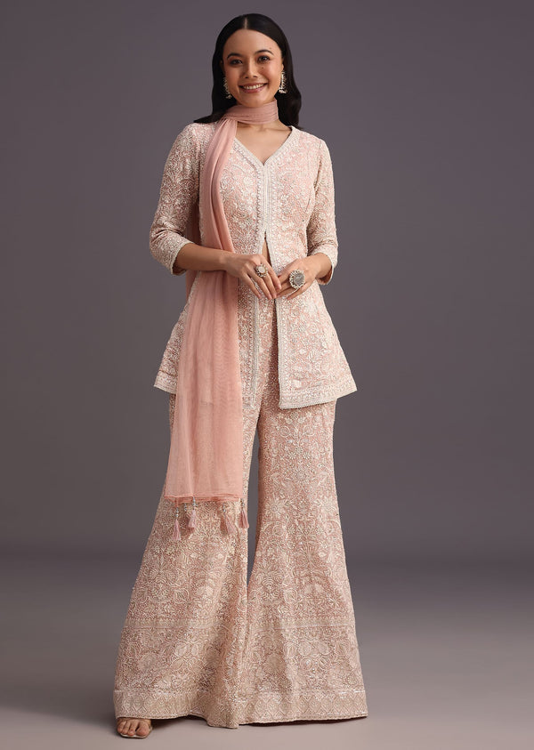 Pink Lucknowi Kurti Palazzo Set With Sequins Work And Pearl Embellished Neckline